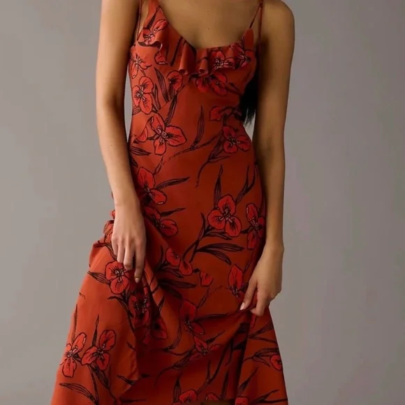 Anthropologie Asymmetrical Red Floral Dress - Picture 1 of 5